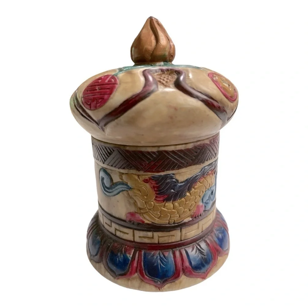 Vintage Chinese Dragon Stone Trinket Box Hand Painted Lidded Jewelry Container